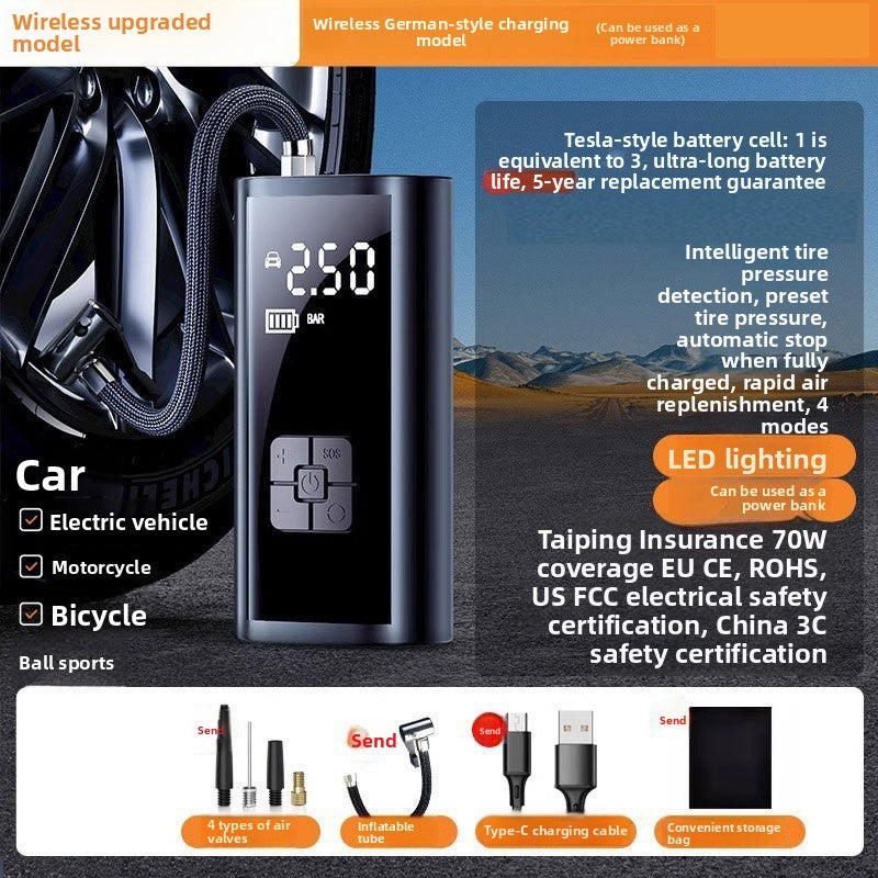 Wireless power bank version of the tire inflator with valve nozzle set and charging cable