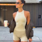Womens Halter Neck Yoga Set with High Waist Shorts