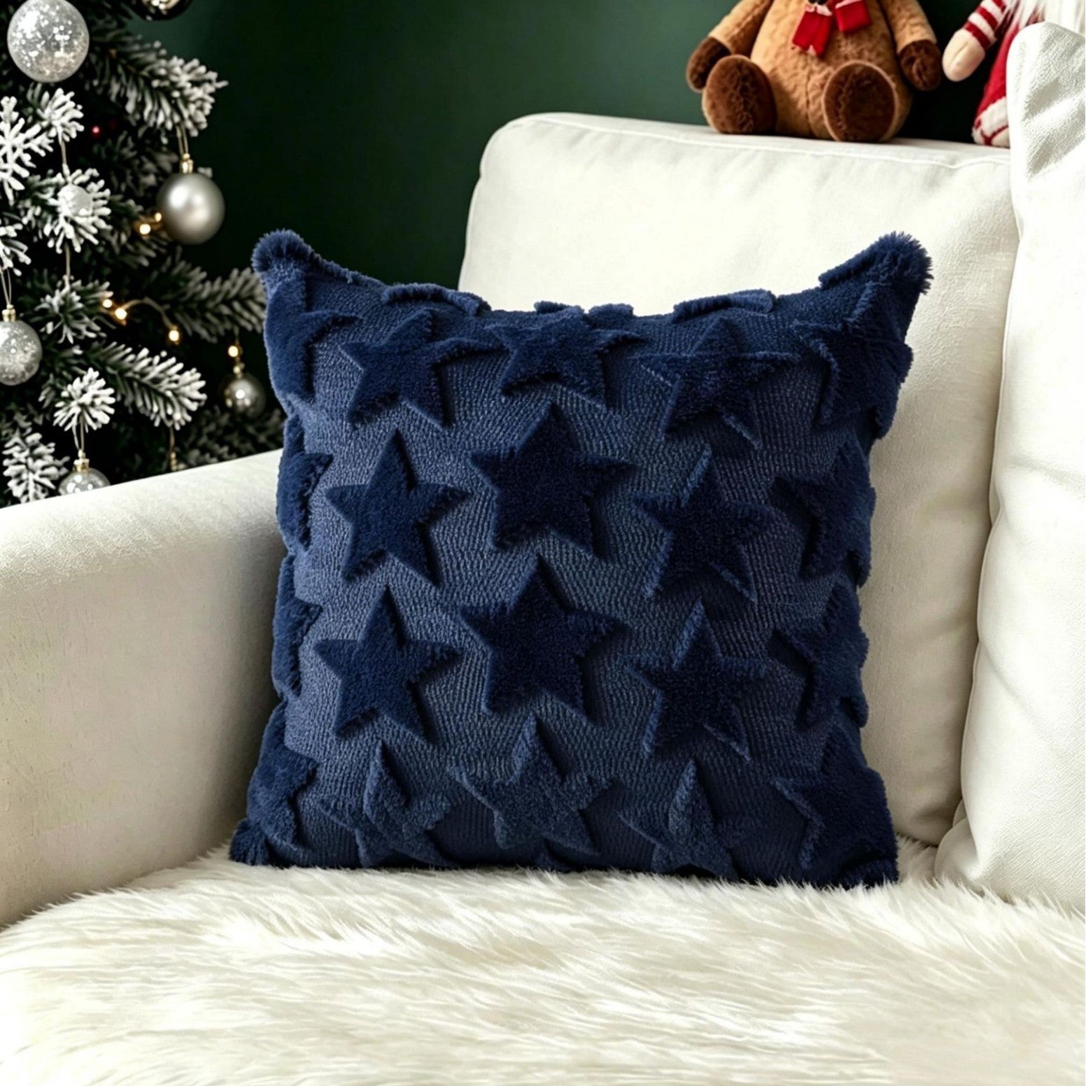 Plush carved cushion cover with carved bells and bows on the soft plush ground
