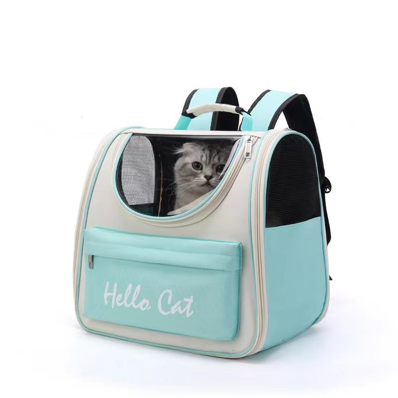 Cat carrier backpack shown at an angle with the clear front dome, side mesh and Hello Cat front pocket