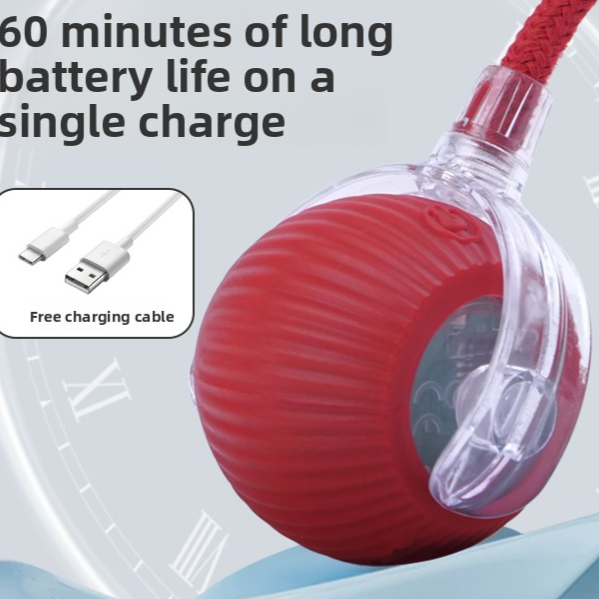 Red motorized rolling ball for dogs and cats with braided rope tail and glowing inner light