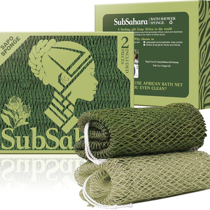 Exfoliating bath net shown rolled up beside a printed retail box