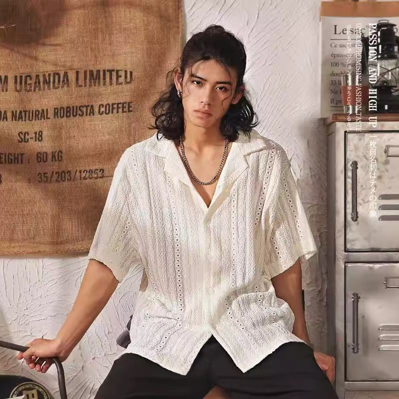 Men's Cuban Collar Shirt styled with the collar open and sleeves short