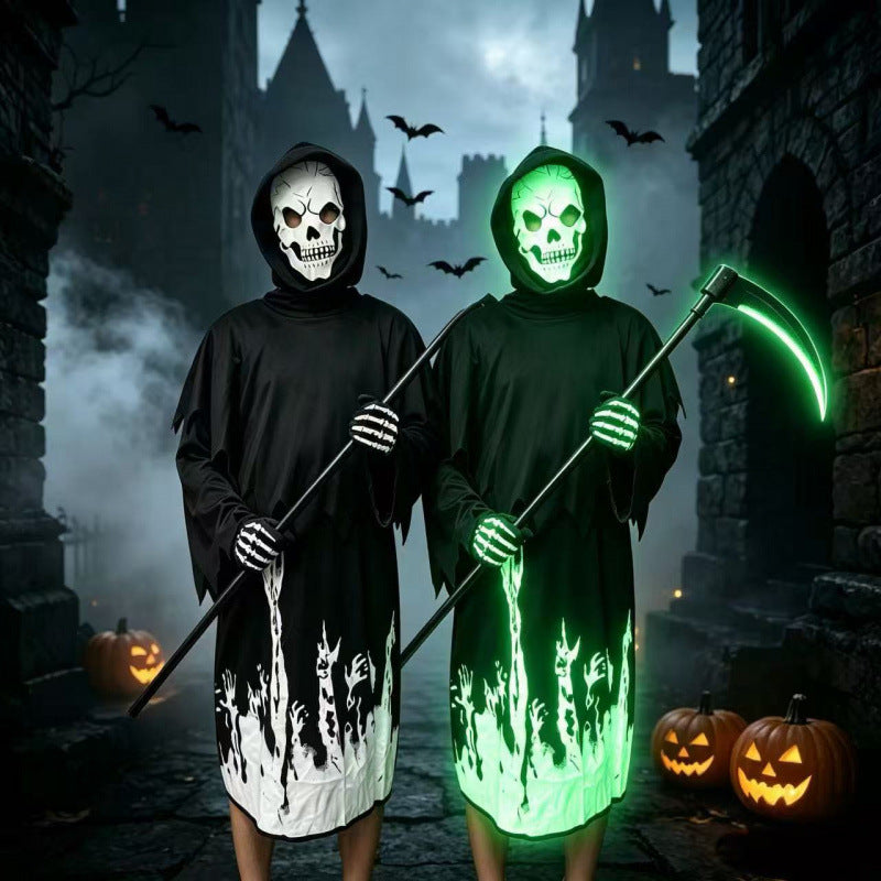 Child in a black hooded robe with ghost hands on the hem, glowing green, Many hands option, 130cm