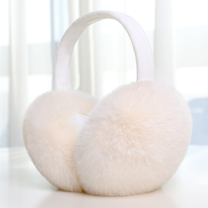 White Fabric Band foldable plush winter earmuffs, front three quarter view