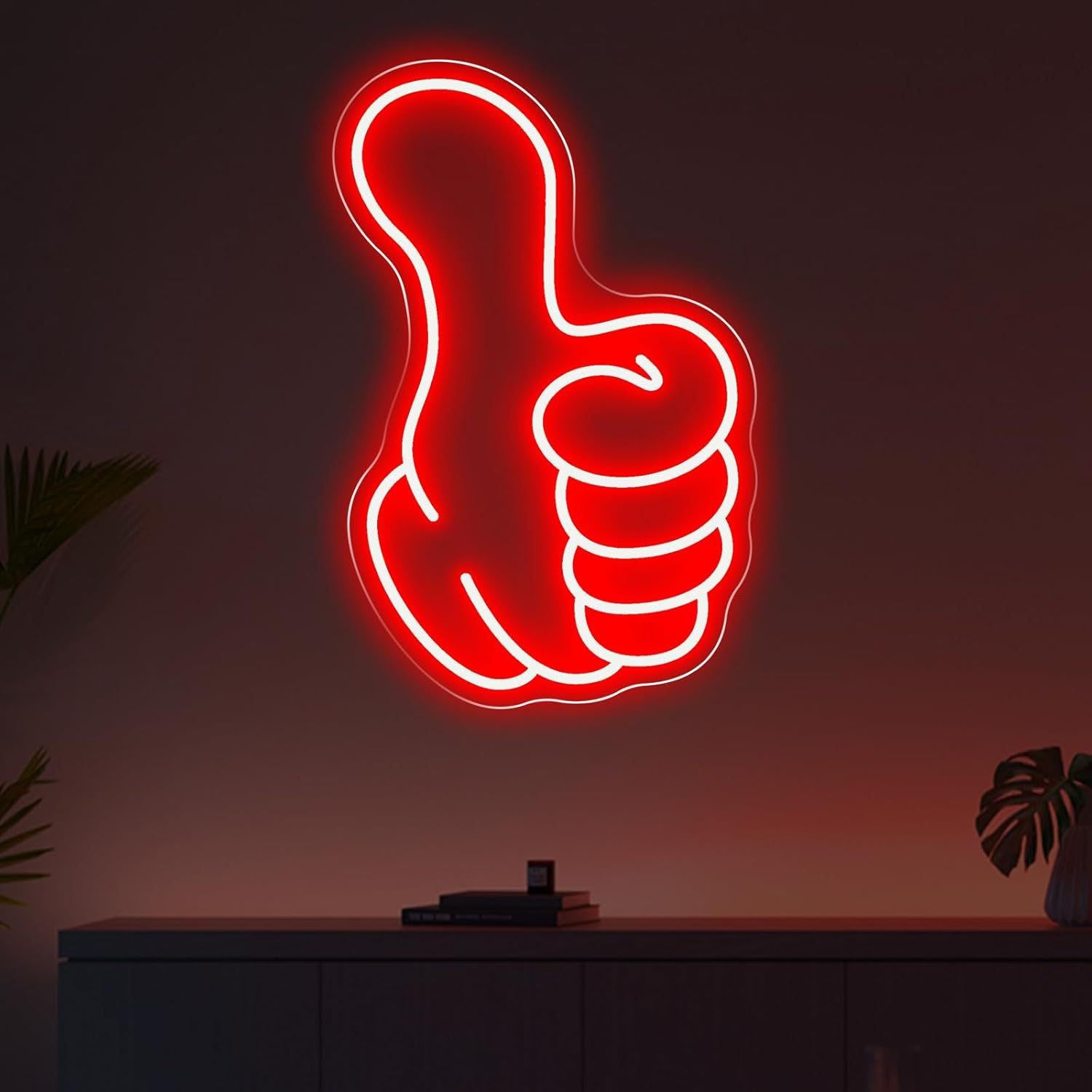 LED neon wall light sign, lit above a bed