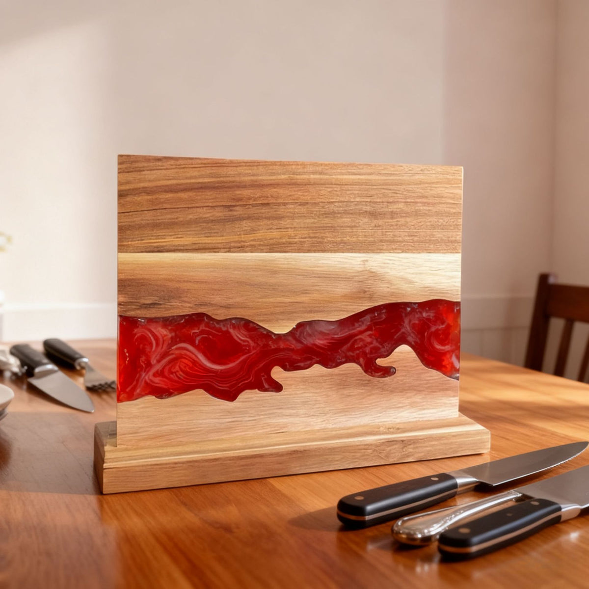Acacia wood and red epoxy resin magnetic knife holder standing on a wooden base on a counter