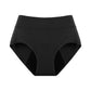 Black high-waist menstrual brief front view with mesh side panels on a plain background