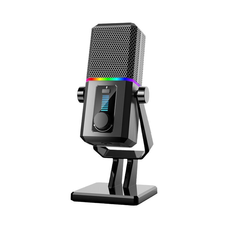 Black RGB USB condenser microphone on a weighted desk stand with a lit base ring