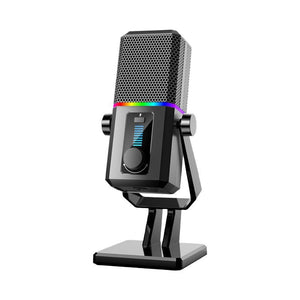Black RGB USB condenser microphone on a weighted desk stand with a lit base ring