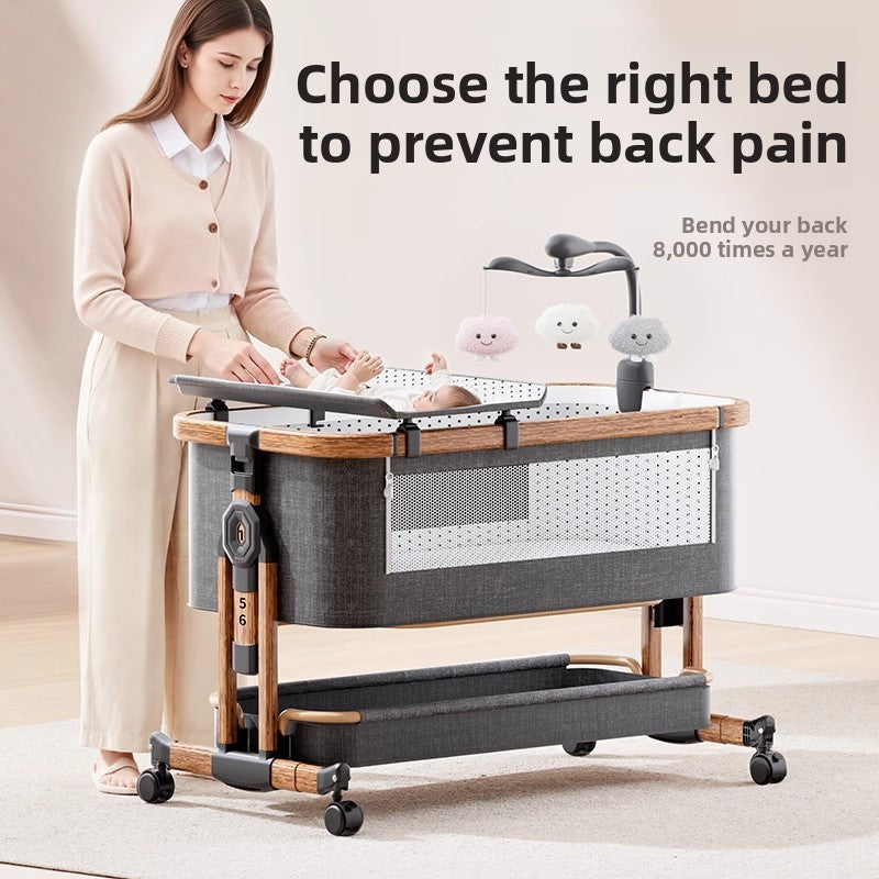 Woman at a gray baby crib with a nursing table and hanging mobile, shown in a bright room