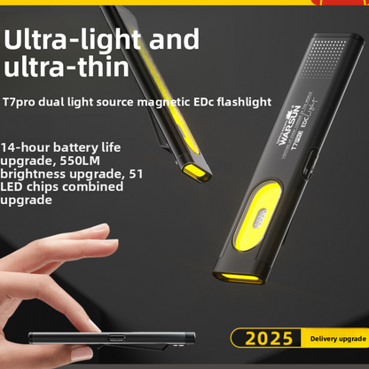 Warsun T7 Pro slim aluminium EDC flashlight shown in black with its COB panel