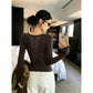 Dark brown long sleeve top back view with sheer floral lace V panel, photo used for the Brown M option