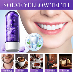 Purple SADOER V34 toothpaste tablet bottle beside a smiling model, product image