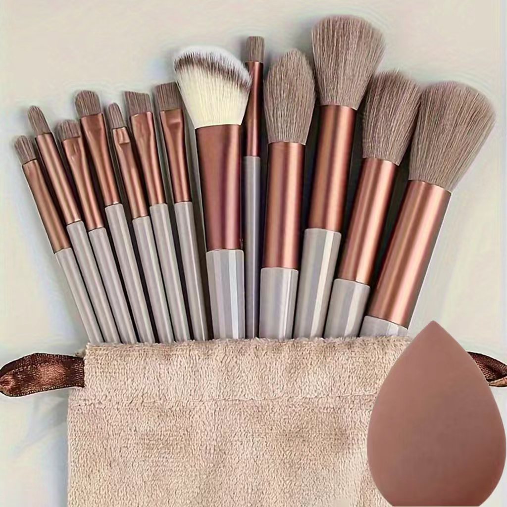 13 piece makeup brush set, foundation and powder brushes side by side