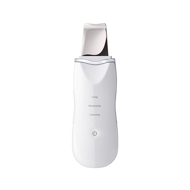 Front view of the white ultrasonic skin scrubber showing the flat steel spatula and power button