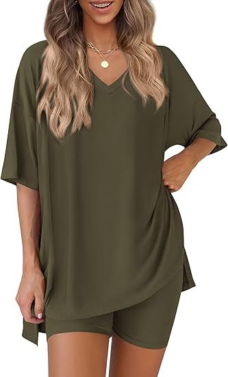Army Green milk silk V neck loungewear set, oversized top and matching shorts, size XL