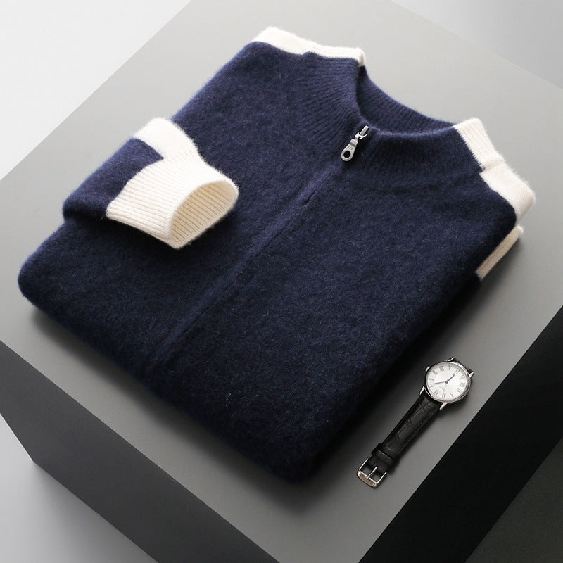 Folded navy wool zip cardigan with cream cuff and a watch on a dark surface, Navy Blue option, size XXL