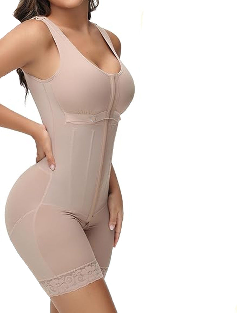 Khaki full body shaping bodysuit on a model with front hook closure and lace trimmed legs, size L option