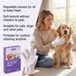 Woman wiping a golden retriever with a white glove wipe beside the purple EelJoy box on a bright floor