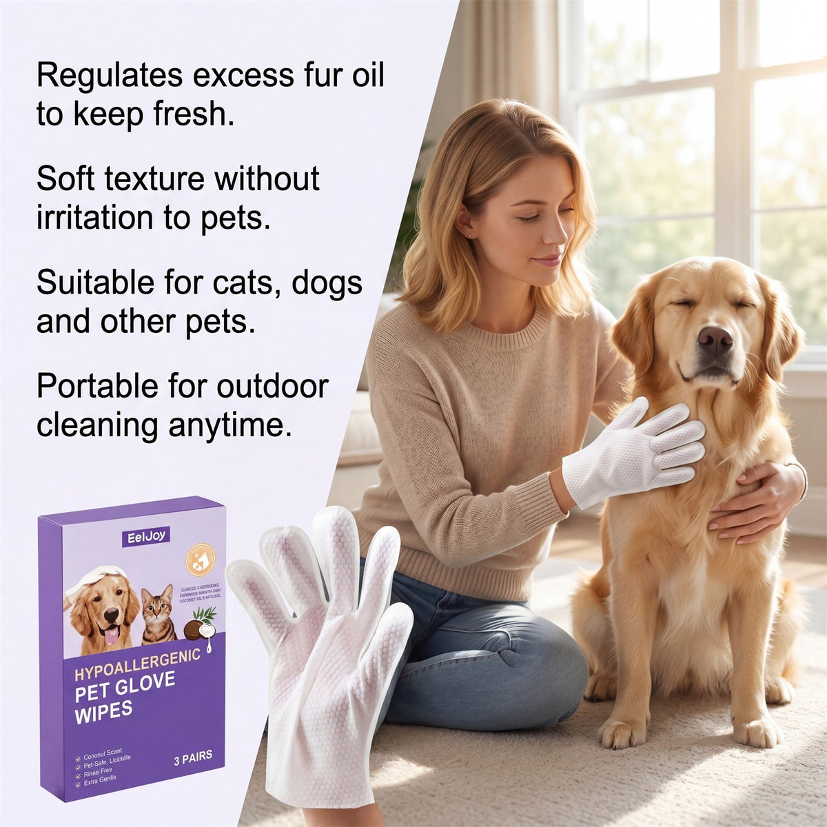 Woman wiping a golden retriever with a white glove wipe beside the purple EelJoy box on a bright floor