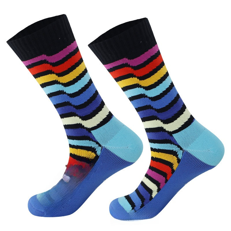 Waterproof black crew socks with rainbow wave stripes and a light blue foot, size L 43-46