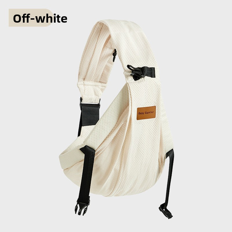 One shoulder mesh baby sling shown flat with the single strap and buckle undone