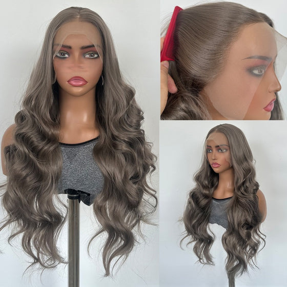 Synthetic 13x4 Lace Front Wig with Long Waves in Gray Brown, 18 to 26 Inch