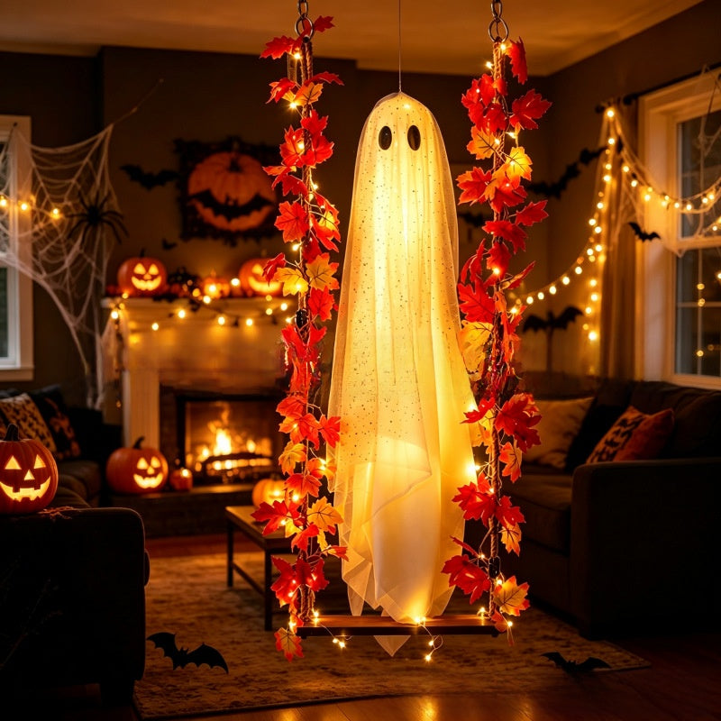 Close view of the mesh ghost face and glowing body of a hanging Halloween decoration