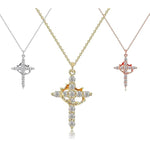 Zircon cross pendant necklace front view on fine gold-plated chain