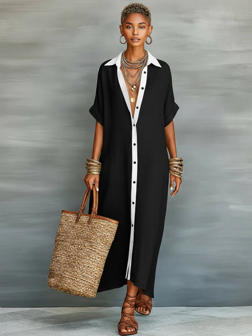 Women's Cotton-Linen Color Block Dress | carry comfort shot