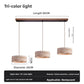 Tri color spec diagram of the three head travertine pendant on an 80 cm walnut bar, 20 cm shades