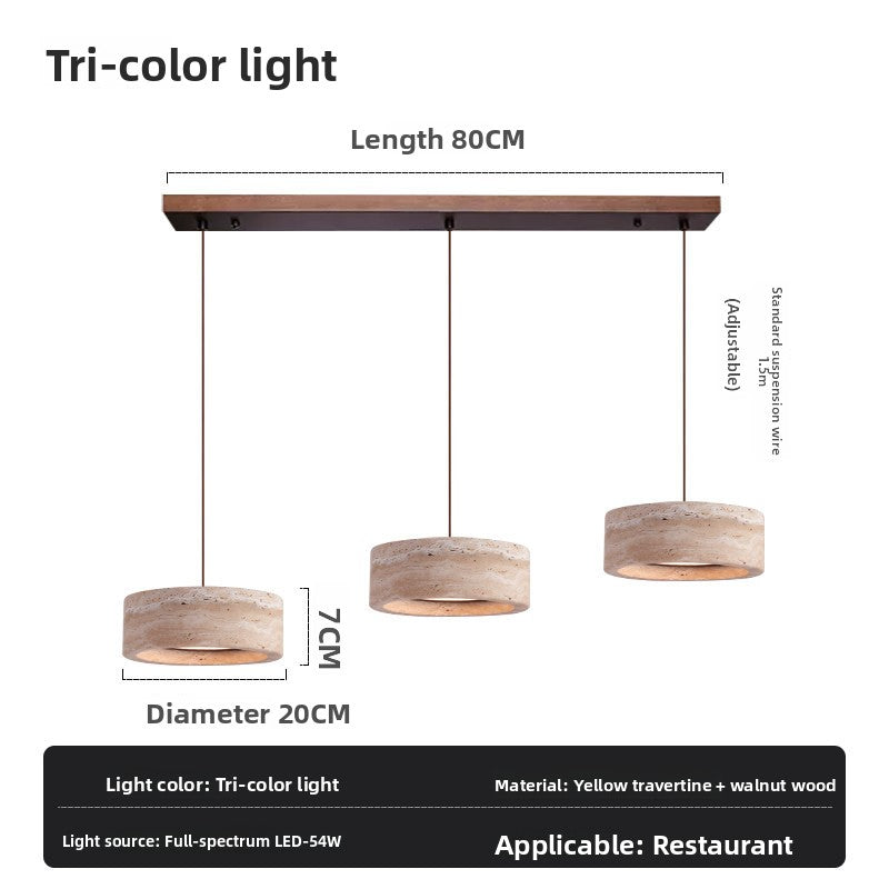 Tri color spec diagram of the three head travertine pendant on an 80 cm walnut bar, 20 cm shades