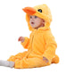 Baby in a golden orange duck flannel romper with an orange beak hood, size 80