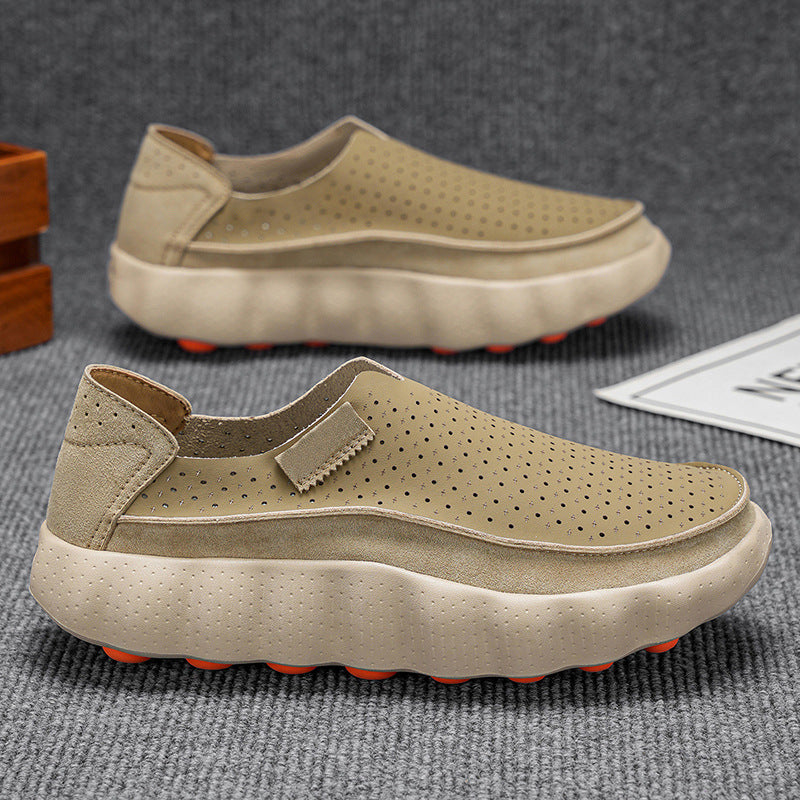 Khaki perforated leather slip-on platform shoes with cream sole on gray fabric, size 39 option photo