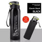 Black insulated sports bottle with strap beside a black cup sleeve, black with cup sleeve and cup brush option