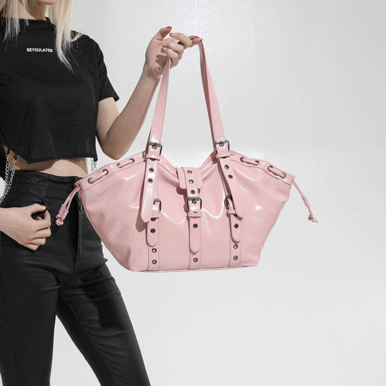 Women's Glossy PU Hobo Shoulder Bag with Buckle Straps and Drawstring Sides