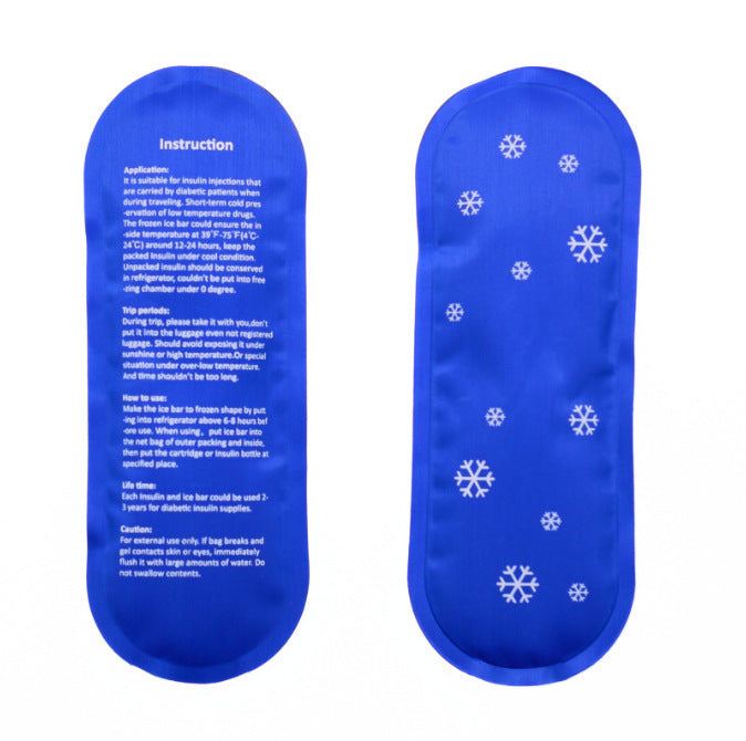 Royal blue gel ice pack seen from both sides, with printed instructions and a snowflake pattern