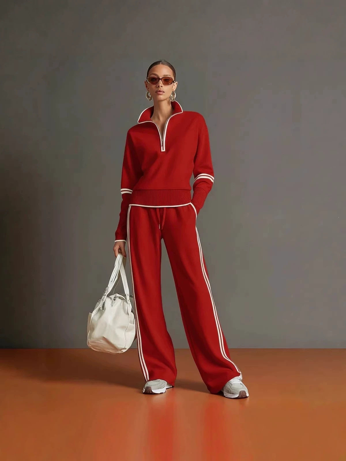 Red half zip sweatshirt and wide leg pants set with white piping, worn full length