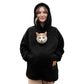 Black lamb fleece pullover hoodie with a cat in the chest pouch, drawstring hood, second studio view