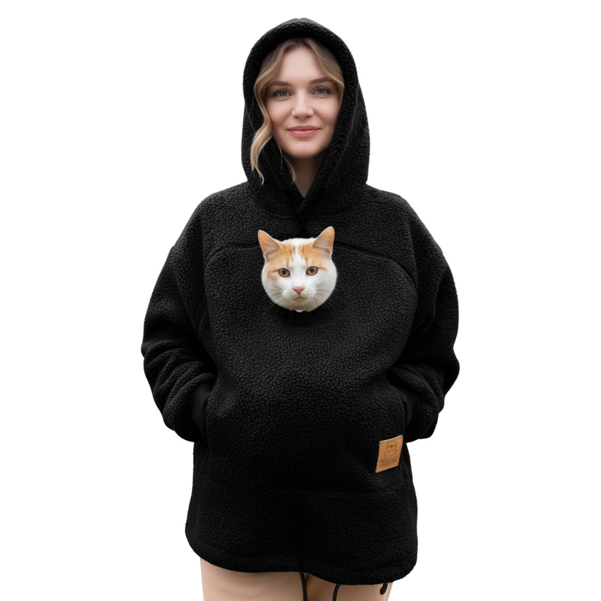 Black lamb fleece pullover hoodie with a cat in the chest pouch, drawstring hood, second studio view