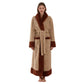 Woman wearing a long camel flannel bathrobe with brown shawl collar, cuffs, pockets and hem, camel variant