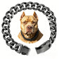 Polished Cuban link dog collar loop beside a close view of its snap lock buckle clasp