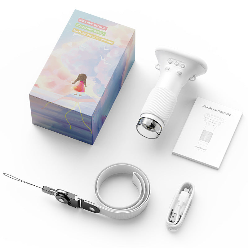 Retail box, white handheld microscope, user manual, white lanyard and USB cable laid out flat