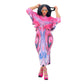 Abstract print pleated midi dress with batwing sleeves and V neck, side view
