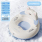 Cream inflatable snow ring with a bear face backrest and blue seat on snow with a 87 cm size note
