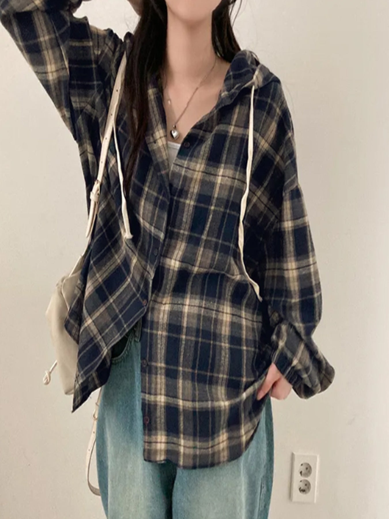 Loose Fit Hooded Plaid Shirt