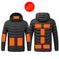 Blue heated padded jacket with hood, front zip and warmed chest and back zones