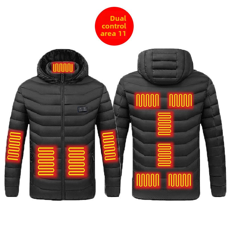 Blue heated padded jacket with hood, front zip and warmed chest and back zones