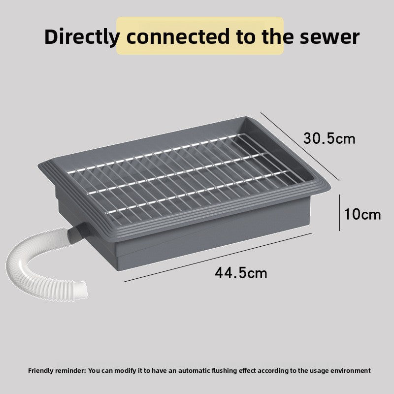 Small dog toilet tray with base spout connecting to a floor drain for direct drainage